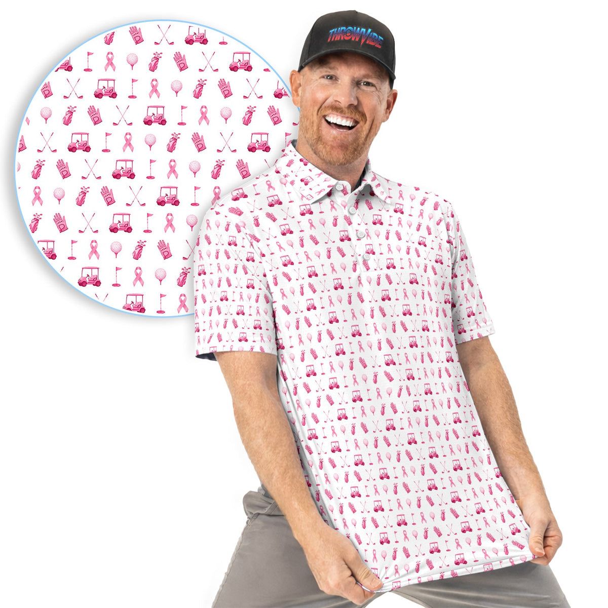 Breast Cancer Awareness Golf Polo Shirt for Men – Pink Ribbon Golfer Pattern Polo