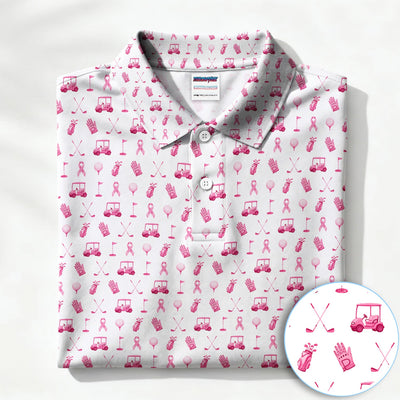 Breast Cancer Awareness Golf Polo Shirt for Men – Pink Ribbon Golfer Pattern Polo