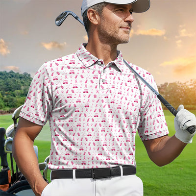 Breast Cancer Awareness Golf Polo Shirt for Men – Pink Ribbon Golfer Pattern Polo