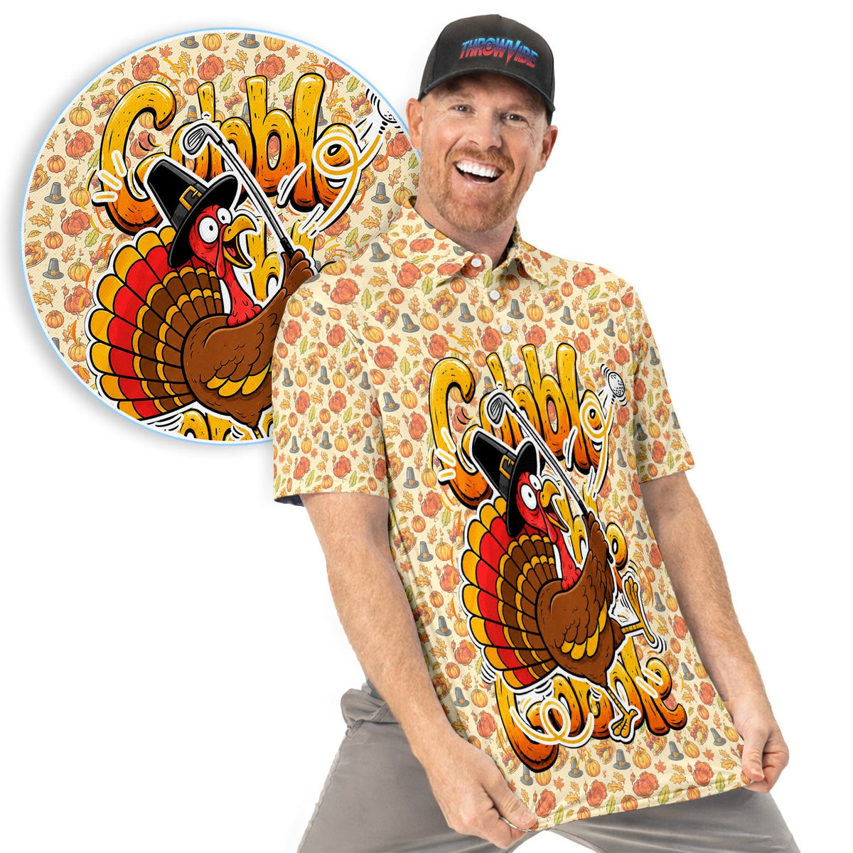 Funny Thanksgiving Turkey Golf Polo Shirt for Men – Gobble Till You Wobble Holiday Polo