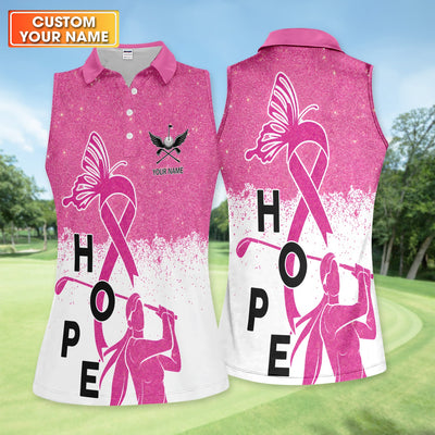 Hope Pink Ribbon Custom Name Golfer Polo for Women - Personalized Breast Cancer Awareness Golf Polo Shirt