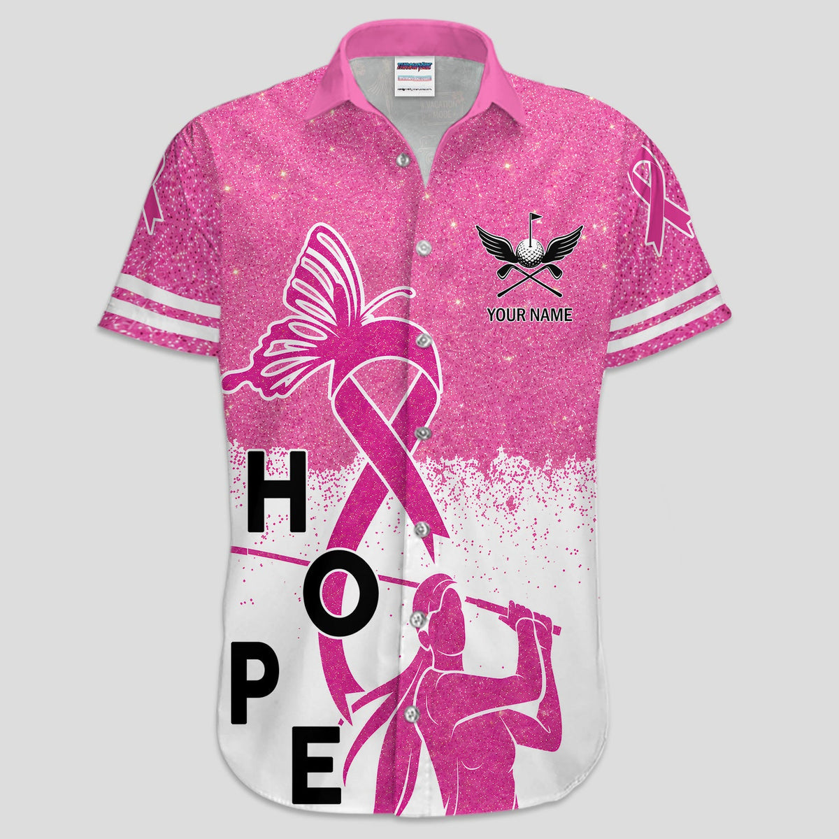 Hope Pink Ribbon Custom Name Golfer Polo for Women - Personalized Breast Cancer Awareness Golf Polo Shirt
