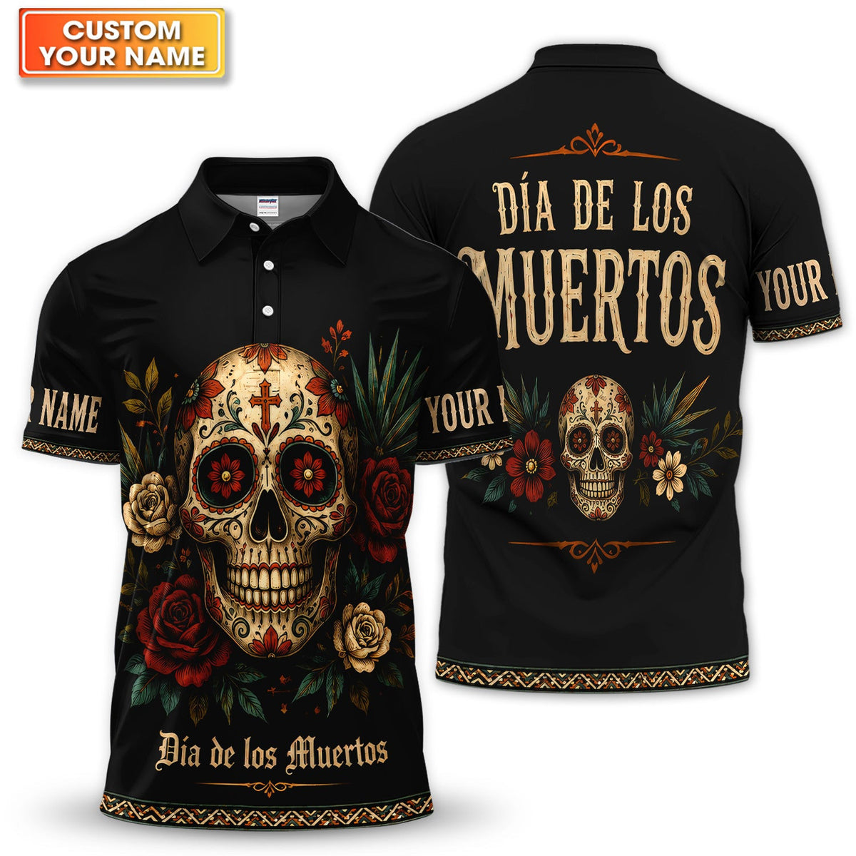 Personalized Sugar Skull Hawaiian Shirt, Día de los Muertos Floral Button Up Shirt For Men