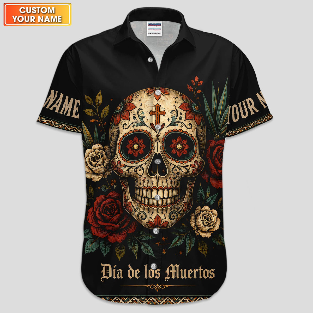 Personalized Sugar Skull Hawaiian Shirt, Día de los Muertos Floral Button Up Shirt For Men