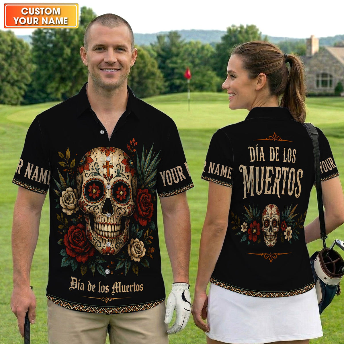 Personalized Sugar Skull Hawaiian Shirt, Día de los Muertos Floral Button Up Shirt For Men