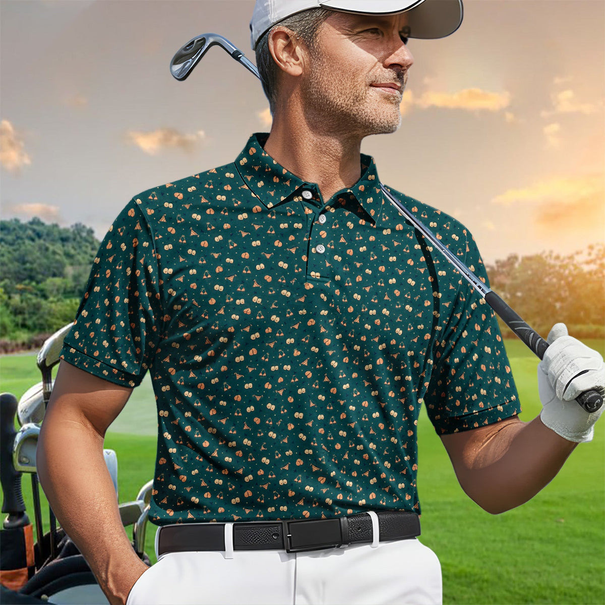 Funny Adult Humor Polo Shirt for Men – Dark Teal Cheeky Peach & Hidden Sexy Pattern Party Polo for Dad & Husband Gift