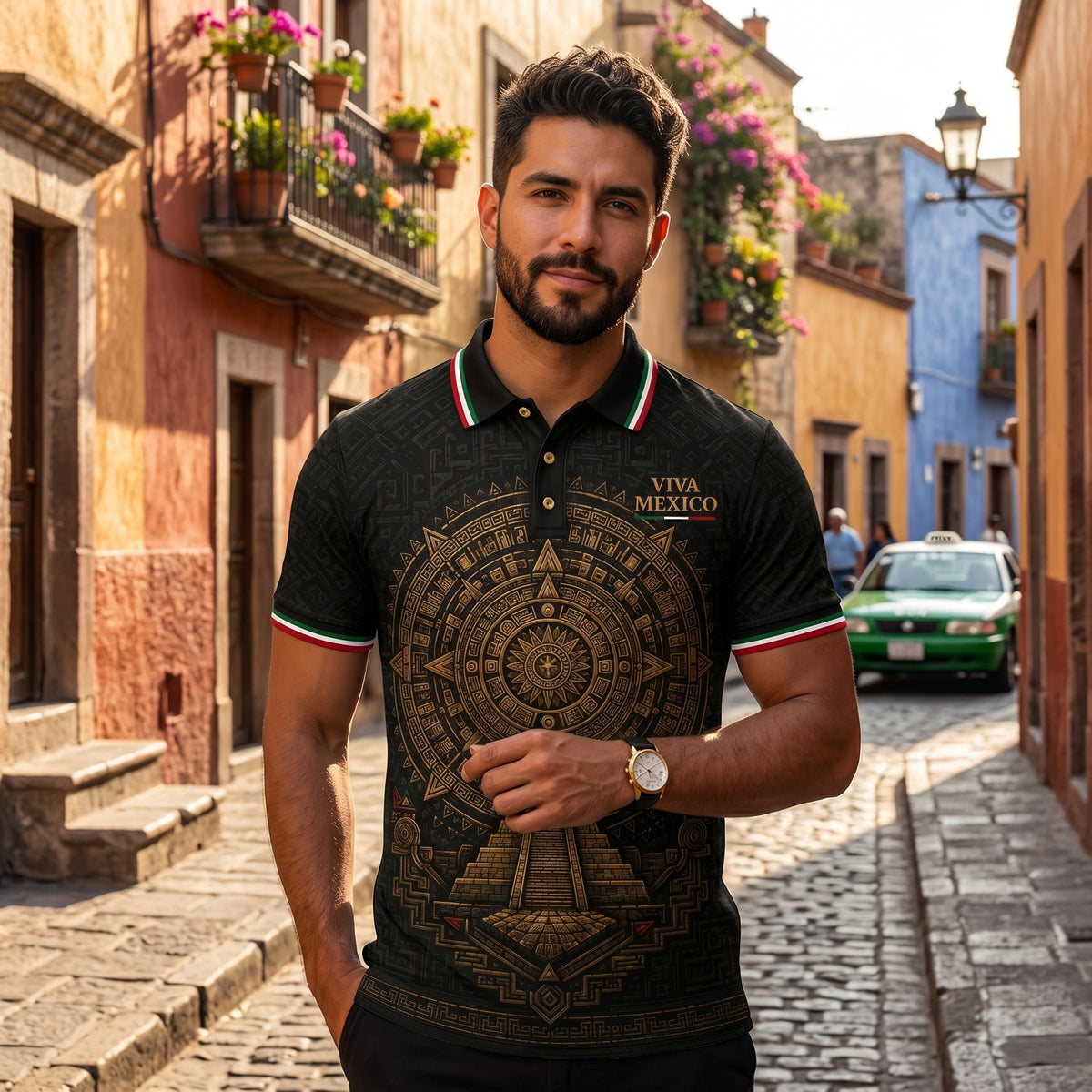 Mexico Aztec Heritage Polo Shirt for Men – Black Gold Viva Mexico Football Fan Party Polo, Mexican Pride Gift Shirt