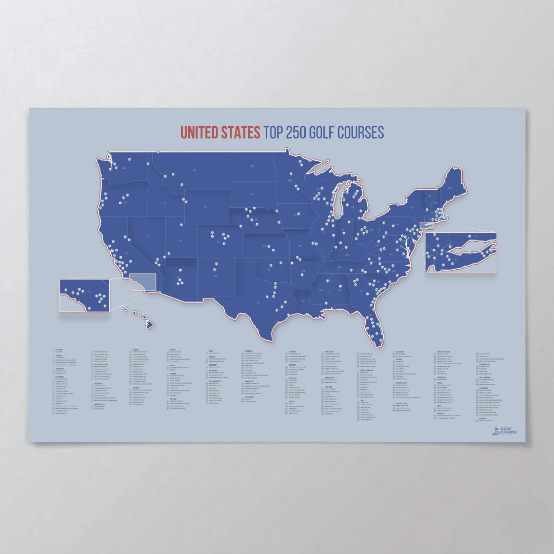 United States Push Pin Map: Top 250 Golf Courses (Blue)