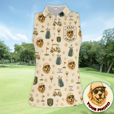 Custom Dog Golf Polo Shirt for Women – Personalized Pet Photo Golf Shirt, Funny Dog Mom Golf Polo with Golf Cart & Paw Print Pattern