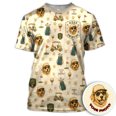 Custom Dog Golf Polo Shirt for Women – Personalized Pet Photo Golf Shirt, Funny Dog Mom Golf Polo with Golf Cart & Paw Print Pattern