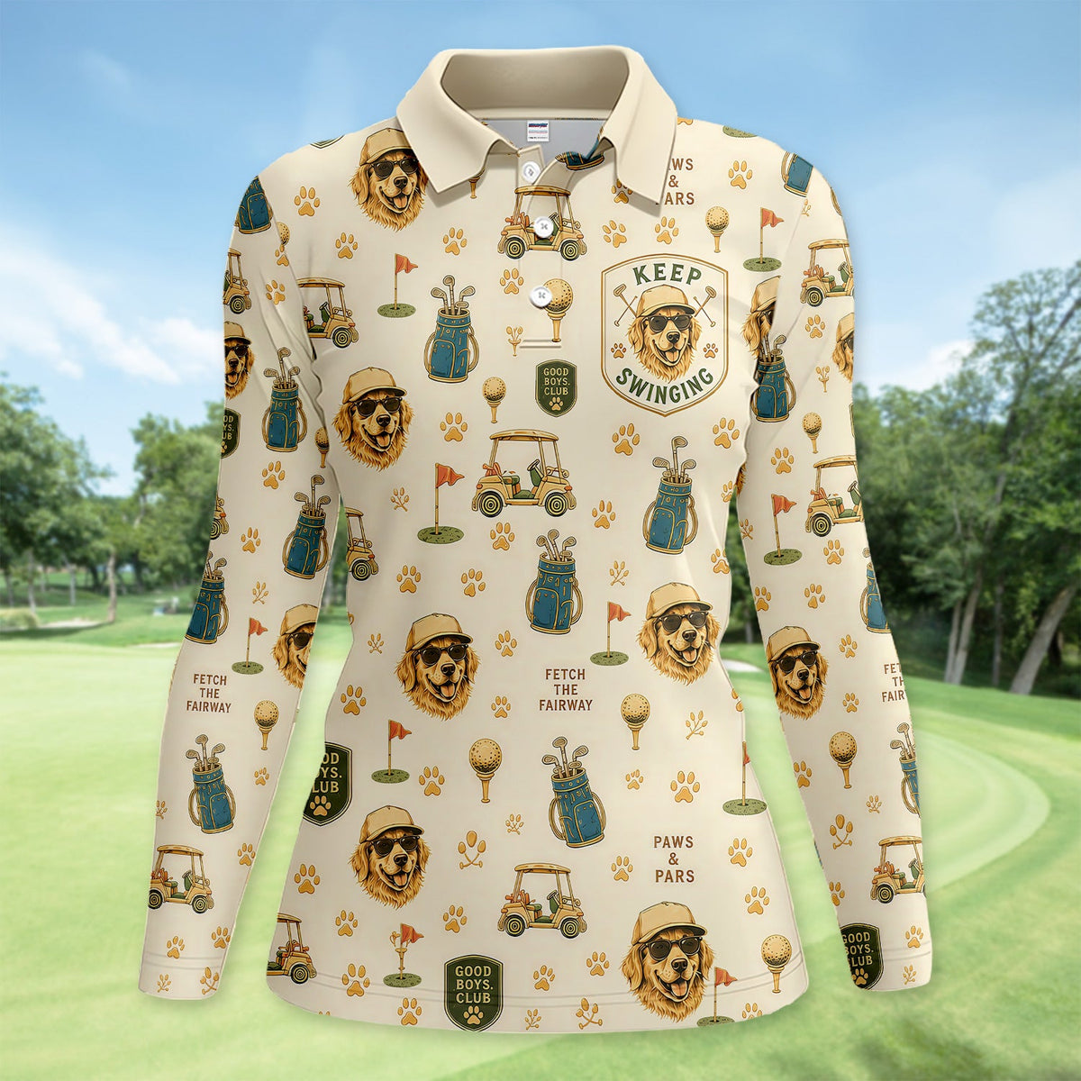 Custom Dog Golf Polo Shirt for Women – Personalized Pet Photo Golf Shirt, Funny Dog Mom Golf Polo with Golf Cart & Paw Print Pattern