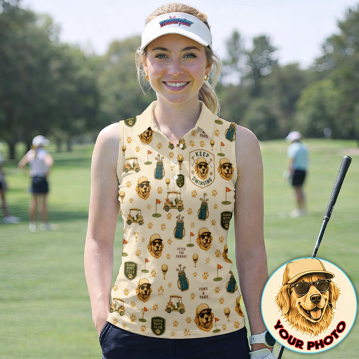 Custom Dog Golf Polo Shirt for Women – Personalized Pet Photo Golf Shirt, Funny Dog Mom Golf Polo with Golf Cart & Paw Print Pattern