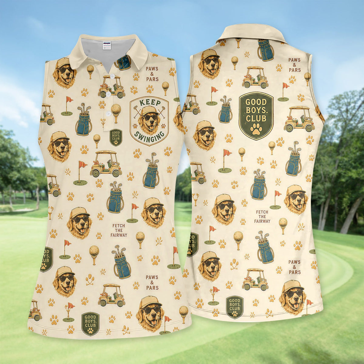 Custom Dog Golf Polo Shirt for Women – Personalized Pet Photo Golf Shirt, Funny Dog Mom Golf Polo with Golf Cart & Paw Print Pattern