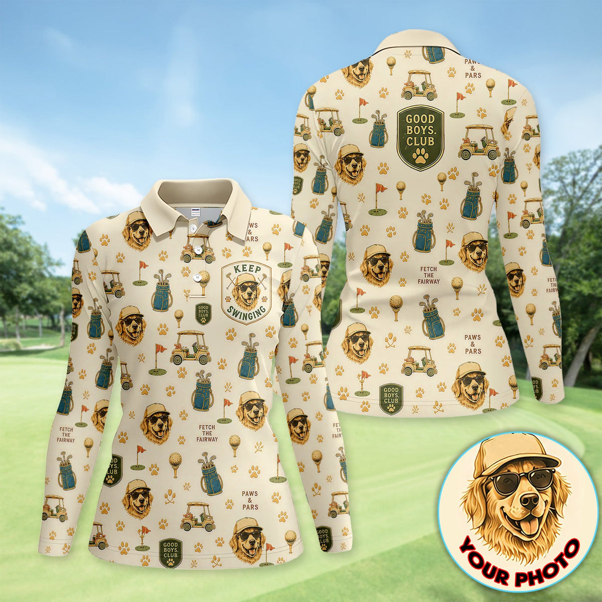 Custom Dog Golf Polo Shirt for Women – Personalized Pet Photo Golf Shirt, Funny Dog Mom Golf Polo with Golf Cart & Paw Print Pattern