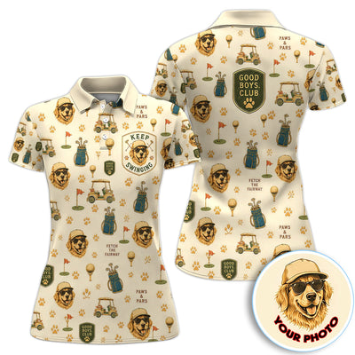 Custom Dog Golf Polo Shirt for Women – Personalized Pet Photo Golf Shirt, Funny Dog Mom Golf Polo with Golf Cart & Paw Print Pattern