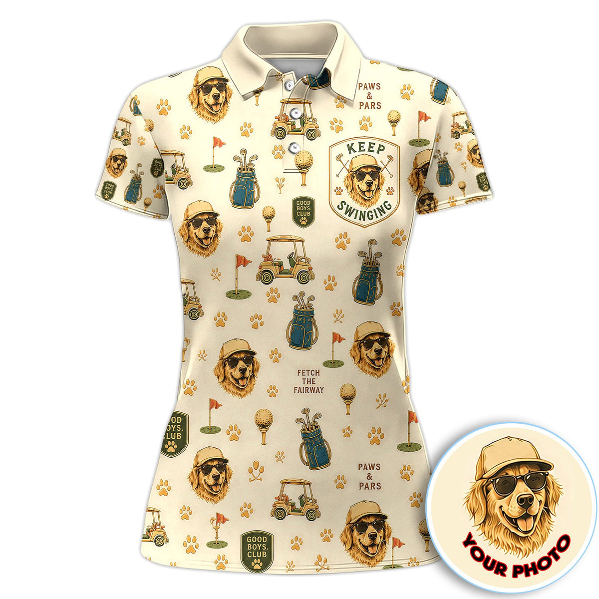 Custom Dog Golf Polo Shirt for Women – Personalized Pet Photo Golf Shirt, Funny Dog Mom Golf Polo with Golf Cart & Paw Print Pattern