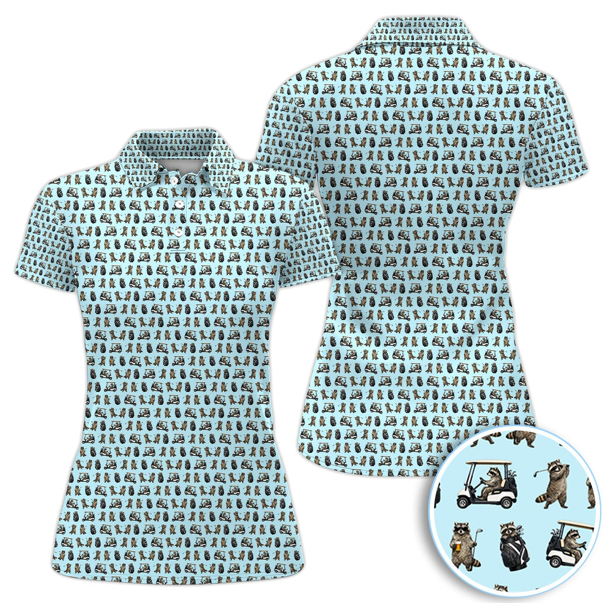 Funny Raccoon Golf Cart Pattern Shirt, Raccoon Golfer Golf Polo Shirt For Women, Animal Golf Lover Gift