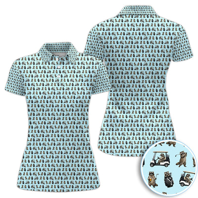 Funny Raccoon Golf Cart Pattern Shirt, Raccoon Golfer Golf Polo Shirt For Women, Animal Golf Lover Gift