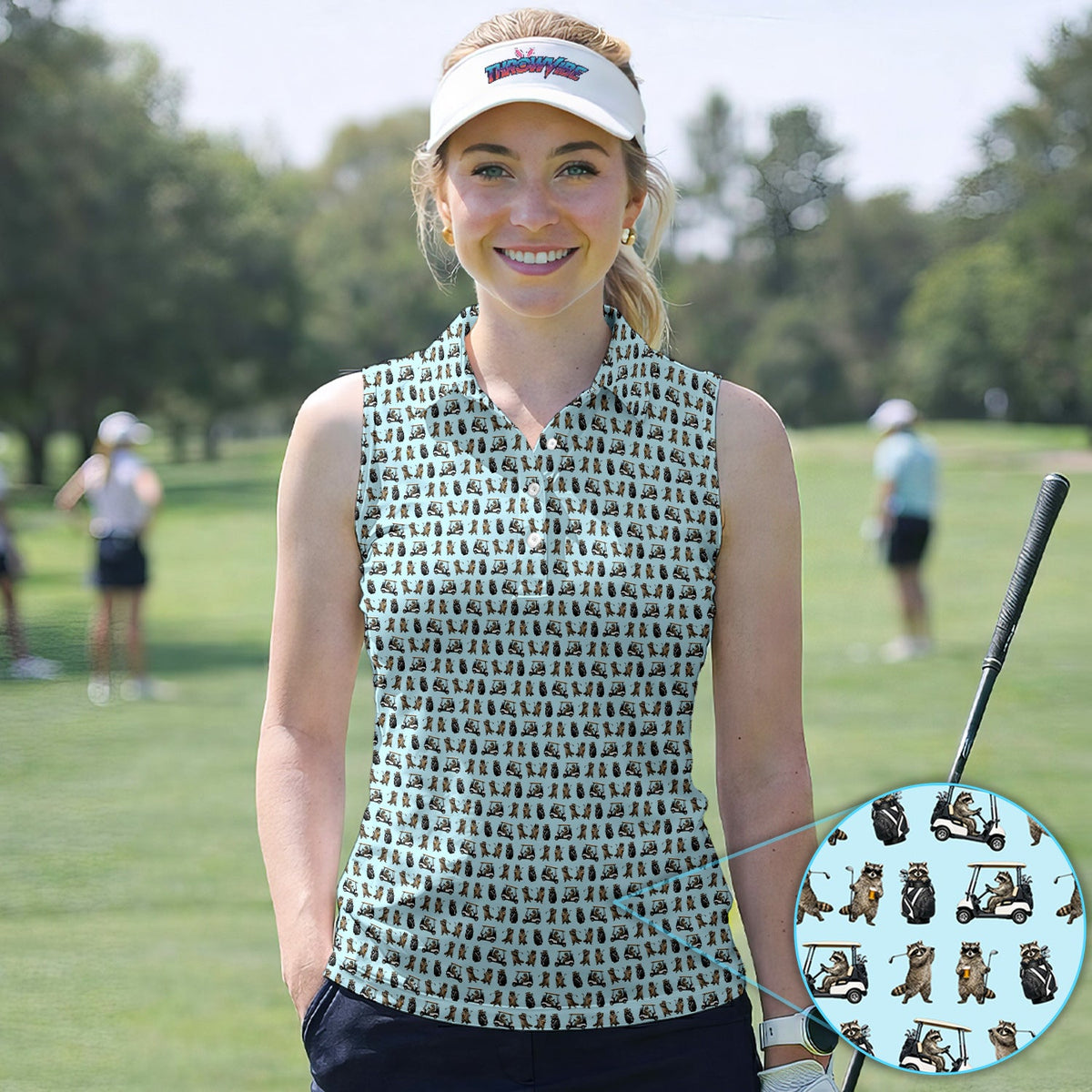 Funny Raccoon Golf Cart Pattern Shirt, Raccoon Golfer Golf Polo Shirt For Women, Animal Golf Lover Gift