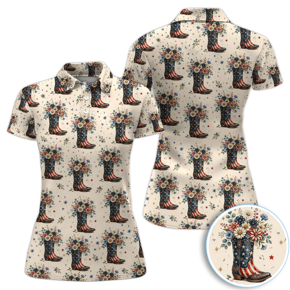 Patriotic Cowboy Boots Floral Polo Shirt, Vintage American Flag Boots Pattern Golf Shirt For Men, USA Western Style Gift