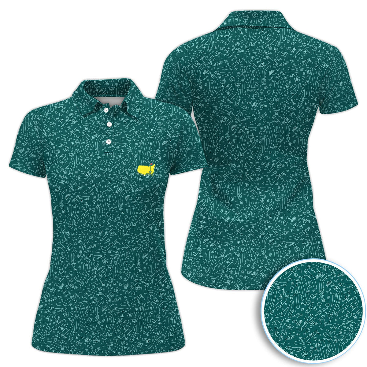 Green Golf Pattern Polo Shirt For Women, Clubs Balls All Over Print, Casual Sports Summer Golf Shirt