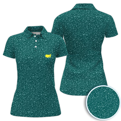 Green Golf Pattern Polo Shirt For Women, Clubs Balls All Over Print, Casual Sports Summer Golf Shirt