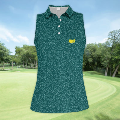 Green Golf Pattern Polo Shirt For Women, Clubs Balls All Over Print, Casual Sports Summer Golf Shirt