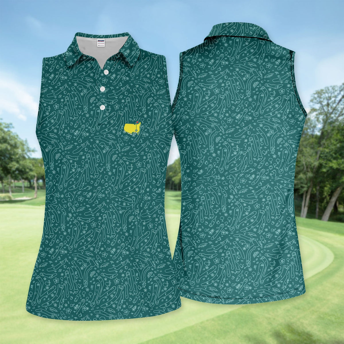 Green Golf Pattern Polo Shirt For Women, Clubs Balls All Over Print, Casual Sports Summer Golf Shirt