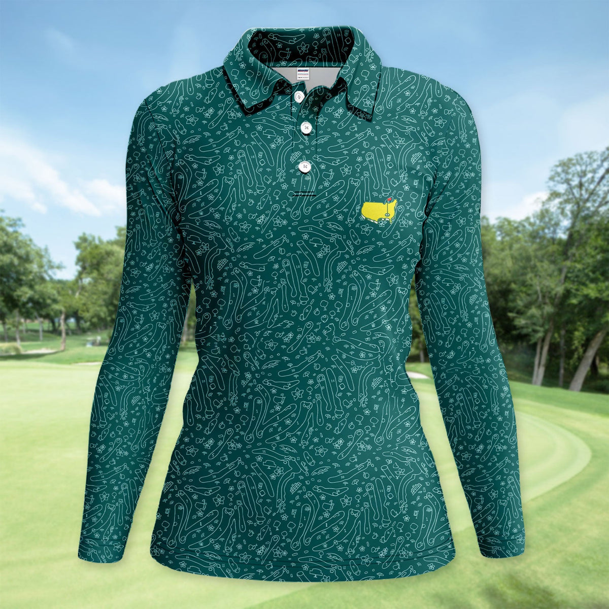 Green Golf Pattern Polo Shirt For Women, Clubs Balls All Over Print, Casual Sports Summer Golf Shirt