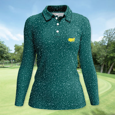 Green Golf Pattern Polo Shirt For Women, Clubs Balls All Over Print, Casual Sports Summer Golf Shirt