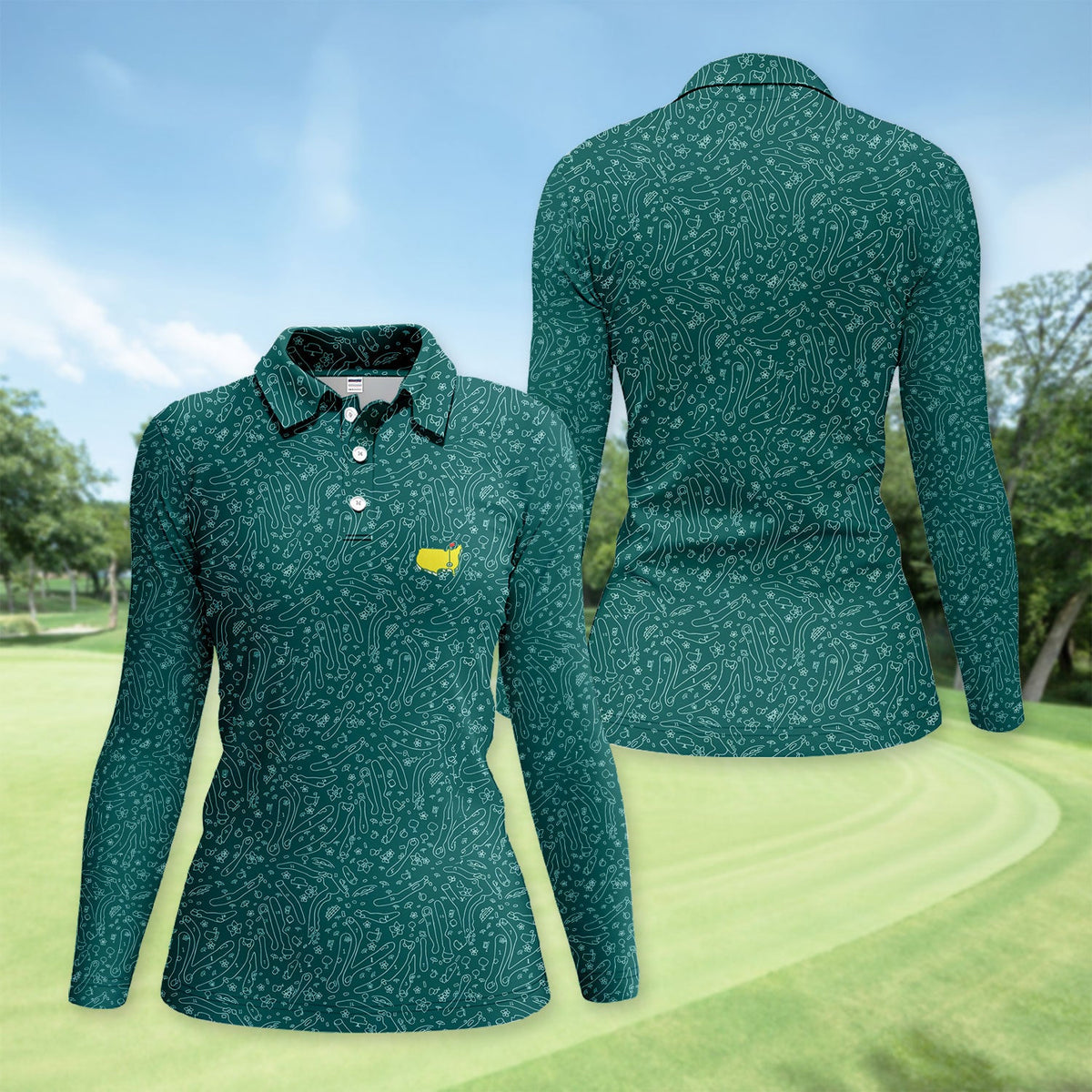 Green Golf Pattern Polo Shirt For Women, Clubs Balls All Over Print, Casual Sports Summer Golf Shirt