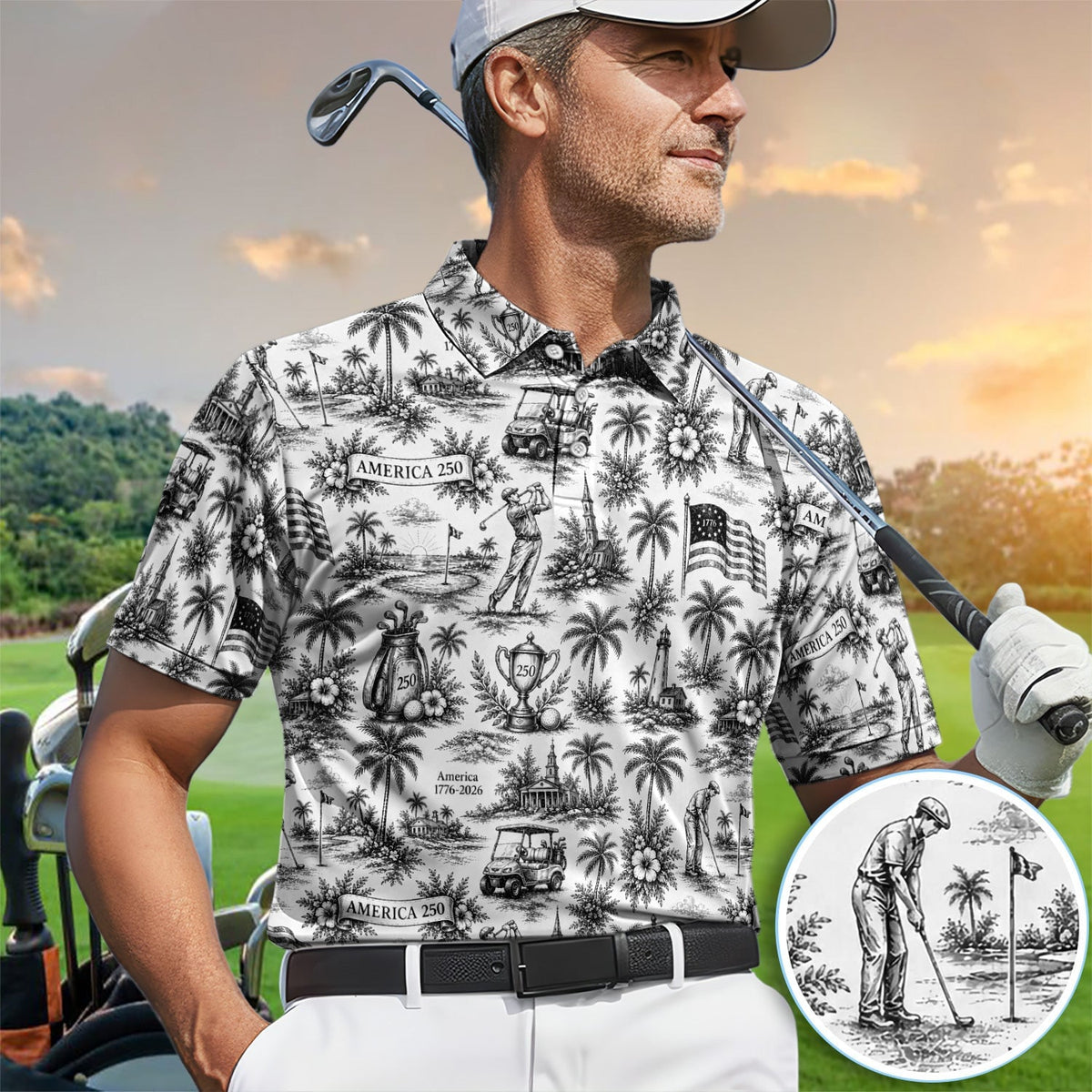 Vintage America 250 Toile Golf Pattern Shirt, America 250 Golf Shirt For Men, Patriotic Golf Gift
