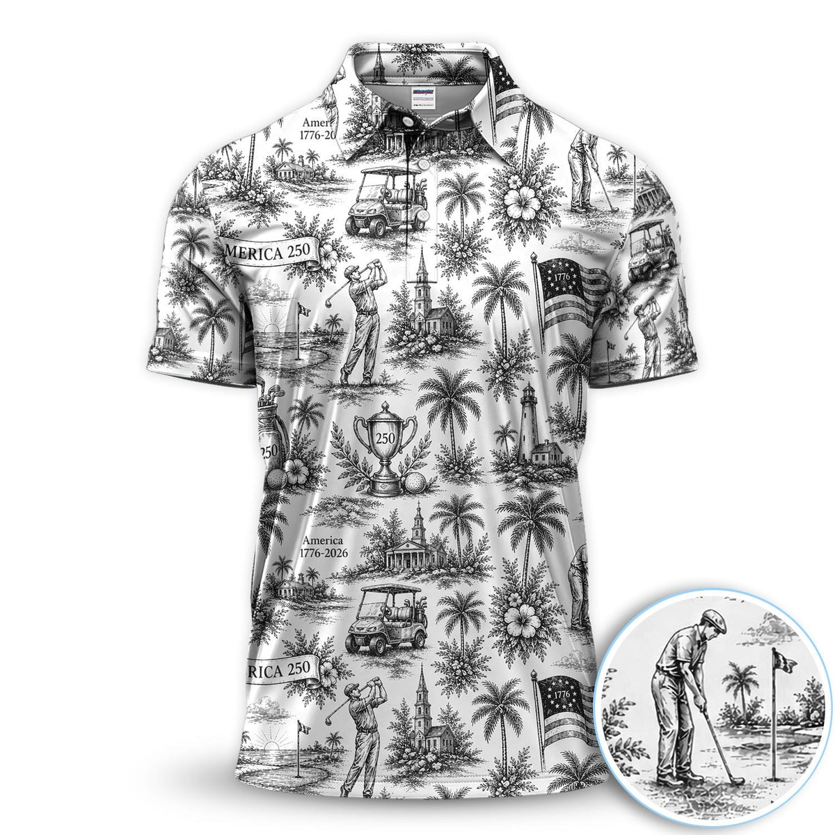 Vintage America 250 Toile Golf Pattern Shirt, America 250 Golf Shirt For Men, Patriotic Golf Gift