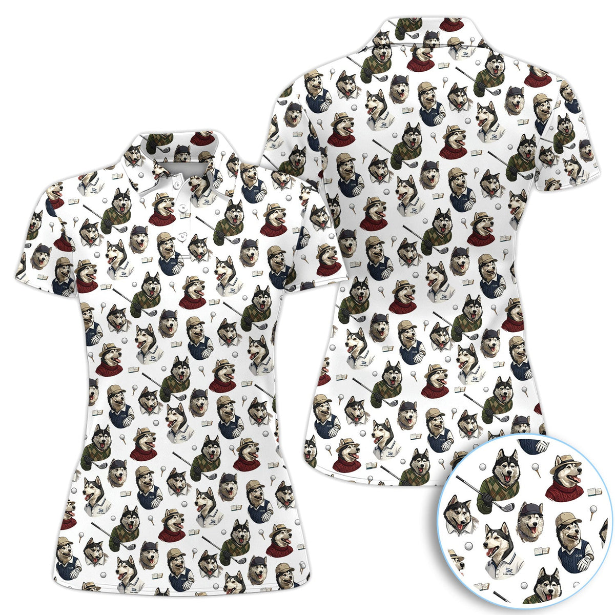 Funny Husky Golfer Pattern Shirt, Husky Dog Golf Polo Shirt For Women, Dog Lover Golf Gift
