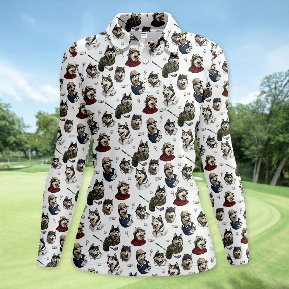 Funny Husky Golfer Pattern Shirt, Husky Dog Golf Polo Shirt For Women, Dog Lover Golf Gift