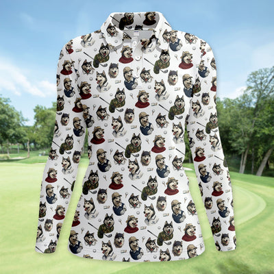 Funny Husky Golfer Pattern Shirt, Husky Dog Golf Polo Shirt For Women, Dog Lover Golf Gift