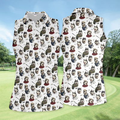 Funny Husky Golfer Pattern Shirt, Husky Dog Golf Polo Shirt For Women, Dog Lover Golf Gift