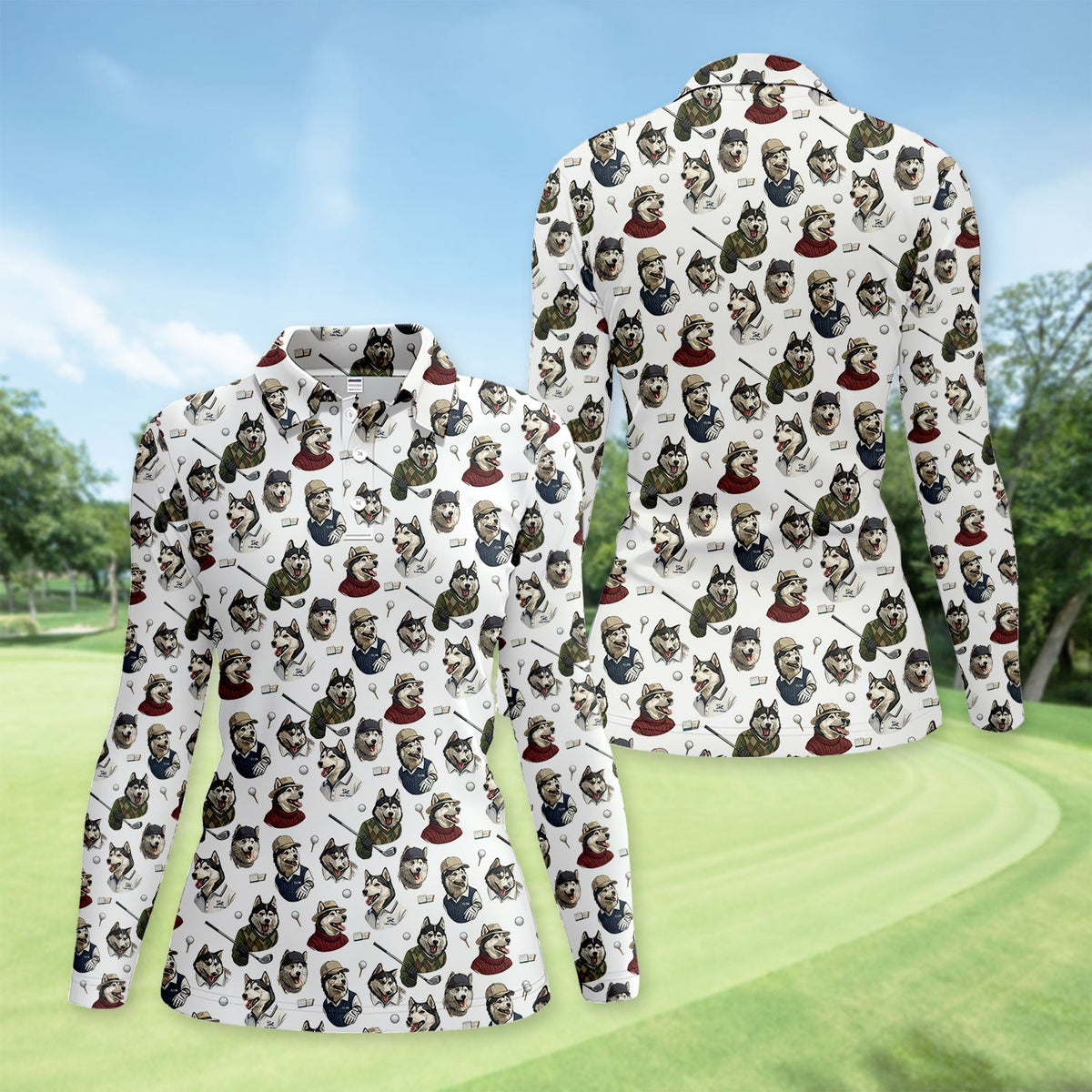 Funny Husky Golfer Pattern Shirt, Husky Dog Golf Polo Shirt For Women, Dog Lover Golf Gift