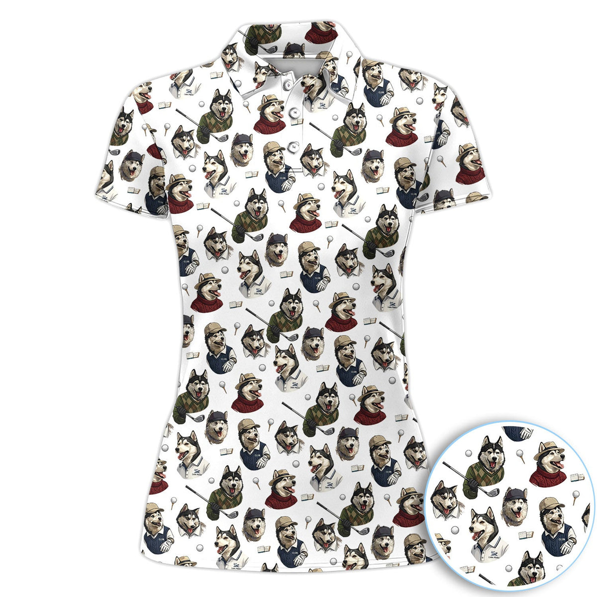 Funny Husky Golfer Pattern Shirt, Husky Dog Golf Polo Shirt For Women, Dog Lover Golf Gift