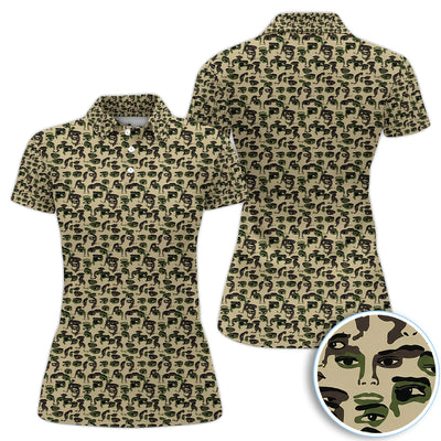 Abstract Face Camouflage Pattern Golf Shirt, Artistic Camo Face Golf Shirt For Women, Unique Golf Gift