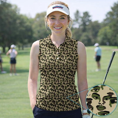 Abstract Face Camouflage Pattern Golf Shirt, Artistic Camo Face Golf Shirt For Women, Unique Golf Gift