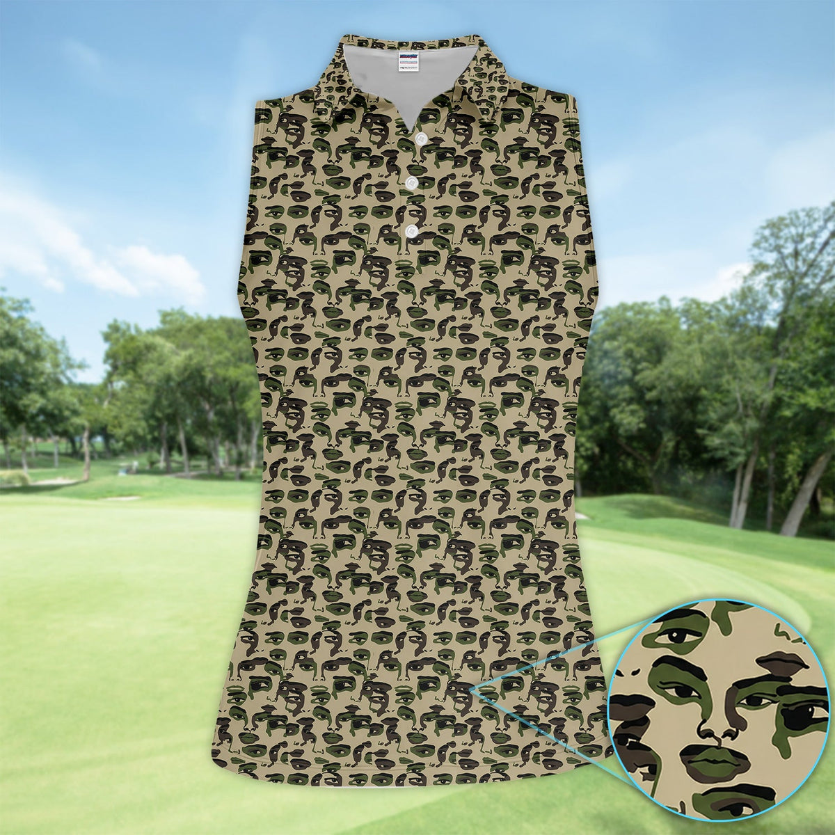 Abstract Face Camouflage Pattern Golf Shirt, Artistic Camo Face Golf Shirt For Women, Unique Golf Gift