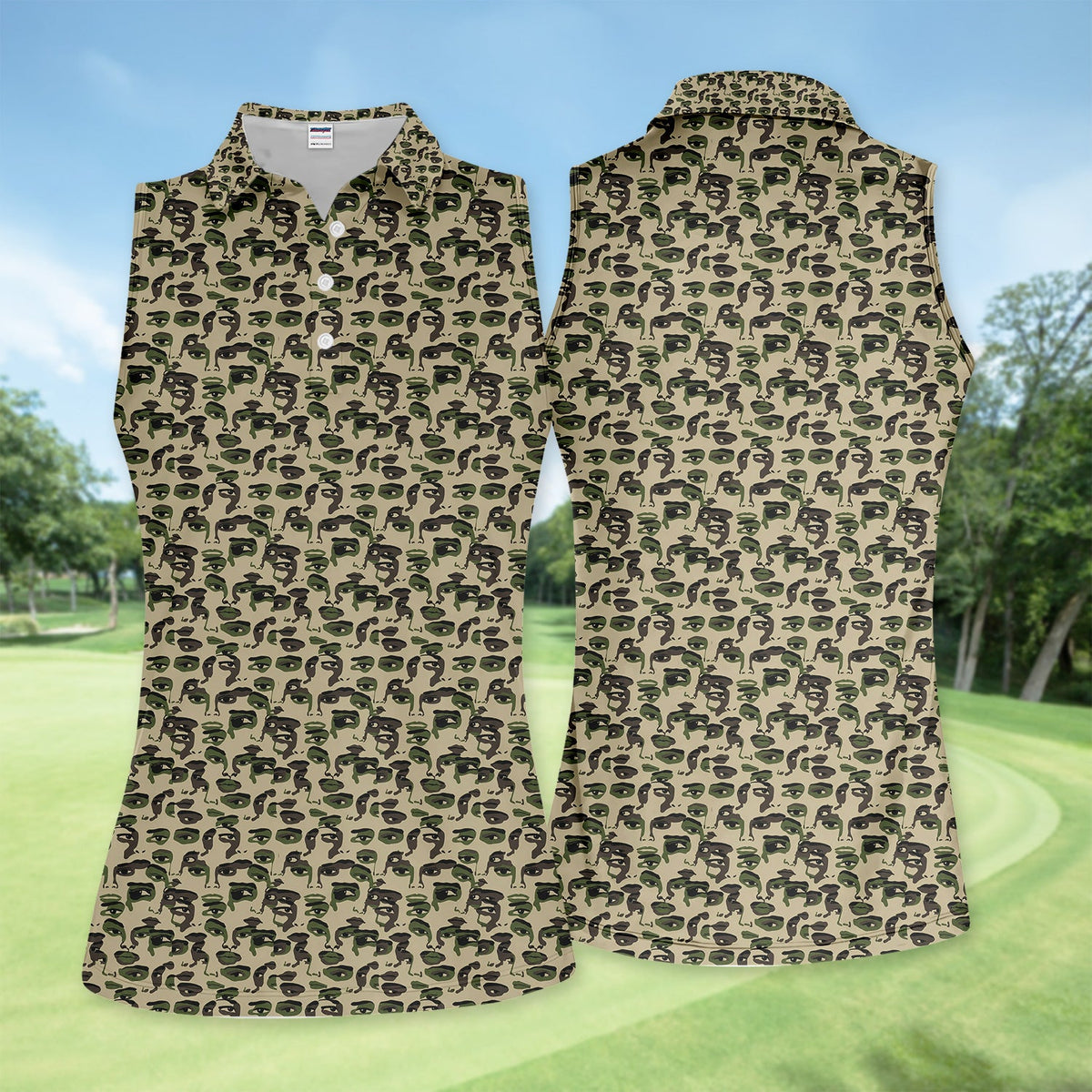 Abstract Face Camouflage Pattern Golf Shirt, Artistic Camo Face Golf Shirt For Women, Unique Golf Gift