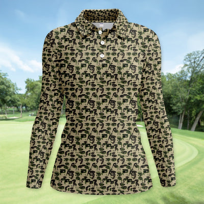Abstract Face Camouflage Pattern Golf Shirt, Artistic Camo Face Golf Shirt For Women, Unique Golf Gift