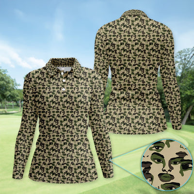 Abstract Face Camouflage Pattern Golf Shirt, Artistic Camo Face Golf Shirt For Women, Unique Golf Gift