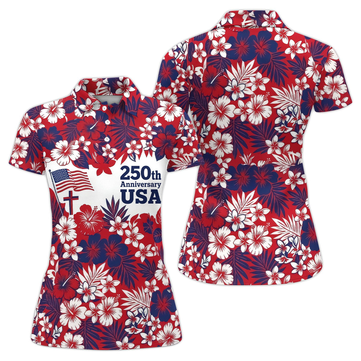 Patriotic USA Hawaiian Golf Pattern Shirt, 250th Anniversary America Golf Shirt For Women, 4th Of July Gift