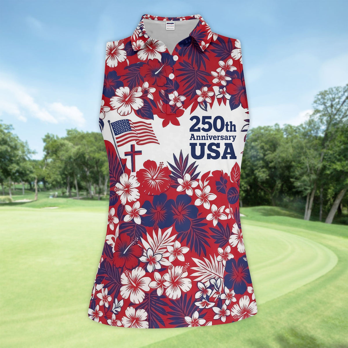 Patriotic USA Hawaiian Golf Pattern Shirt, 250th Anniversary America Golf Shirt For Women, 4th Of July Gift