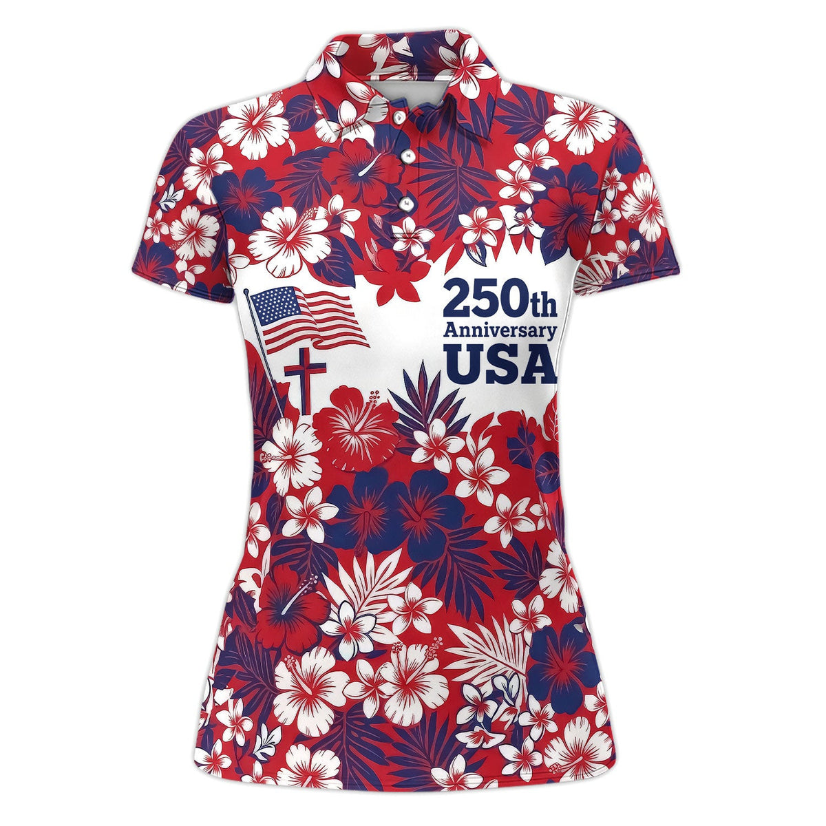 Patriotic USA Hawaiian Golf Pattern Shirt, 250th Anniversary America Golf Shirt For Women, 4th Of July Gift