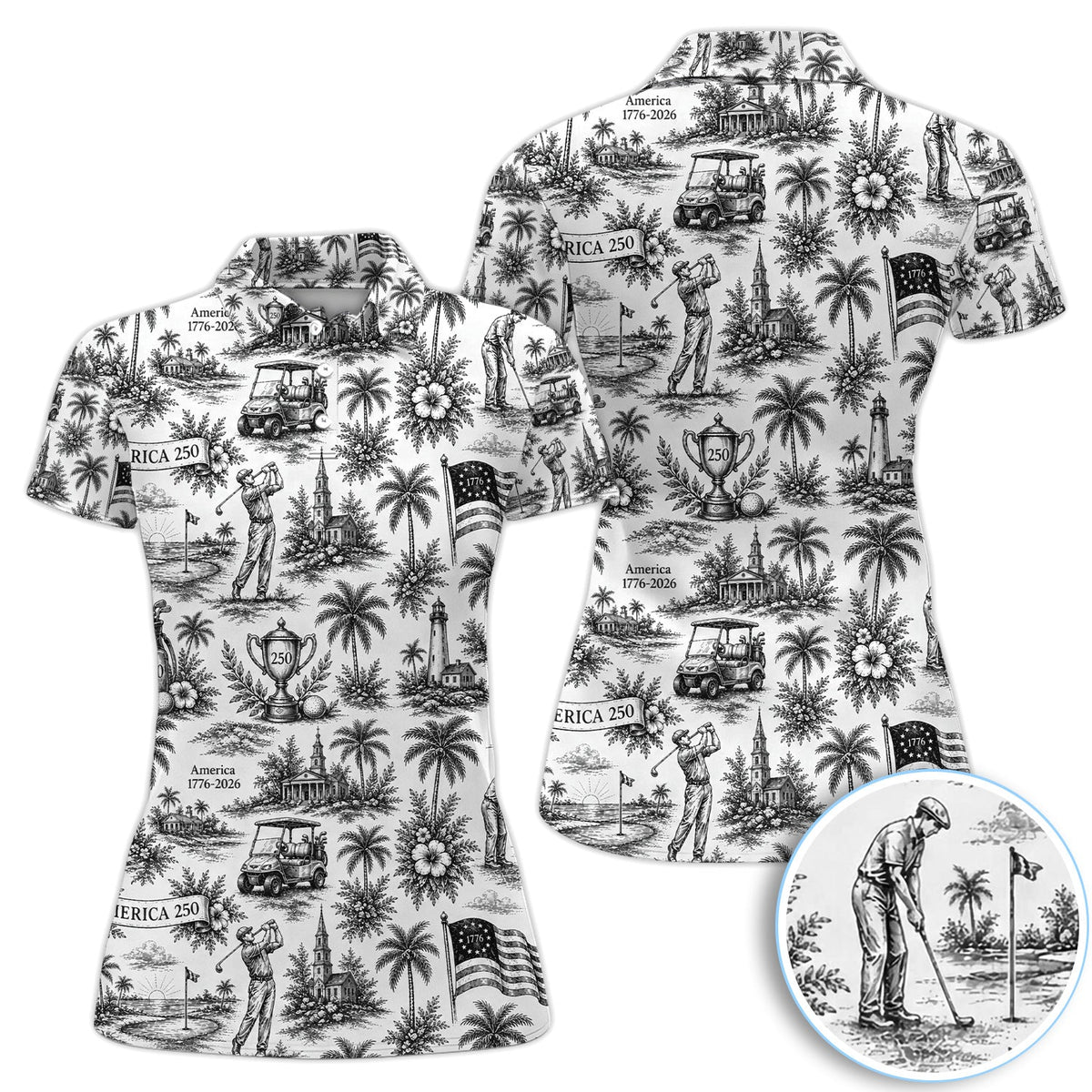 Vintage America 250 Toile Golf Pattern Shirt, America 250 Golf Shirt For Women, Patriotic Golf Gift