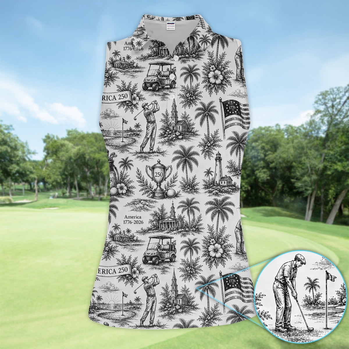 Vintage America 250 Toile Golf Pattern Shirt, America 250 Golf Shirt For Women, Patriotic Golf Gift